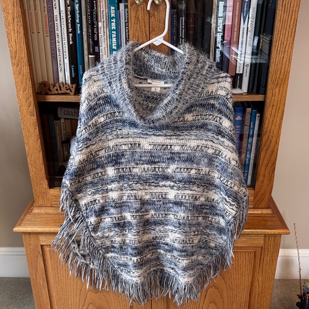 Westbound Navy and White Knit Fringe Poncho